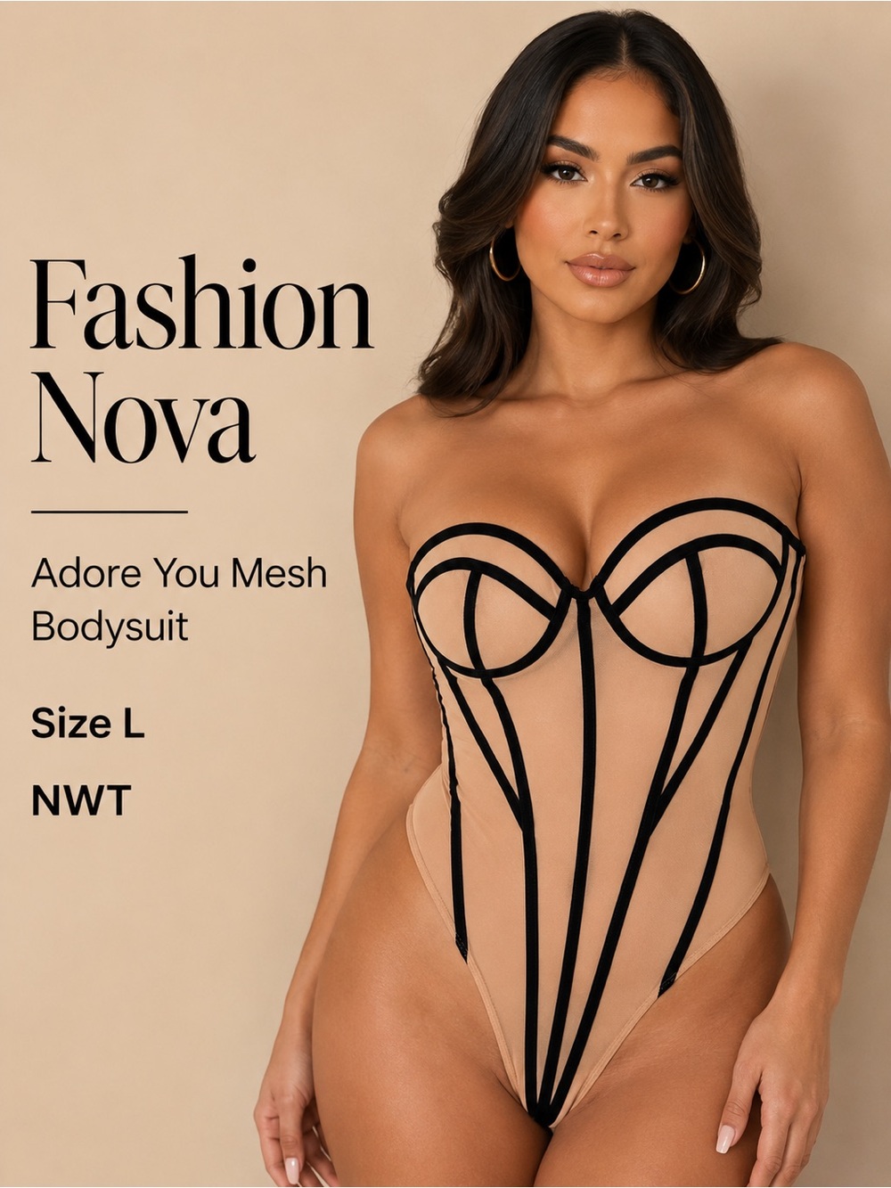 Fashion Nova Nude and Black Adore You Mesh Strapless Bodysuit